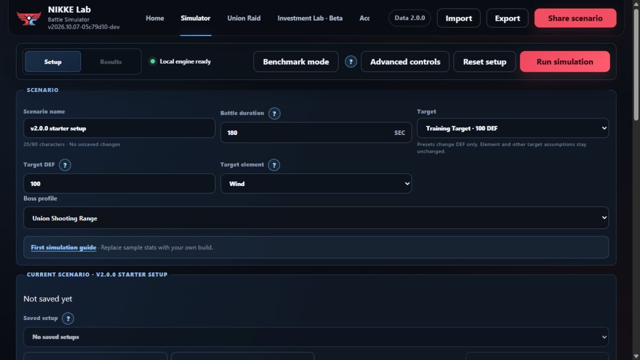 NIKKE Lab simulator Setup page showing scenario fields, the Union Shooting Range Boss profile, and the Run simulation action.