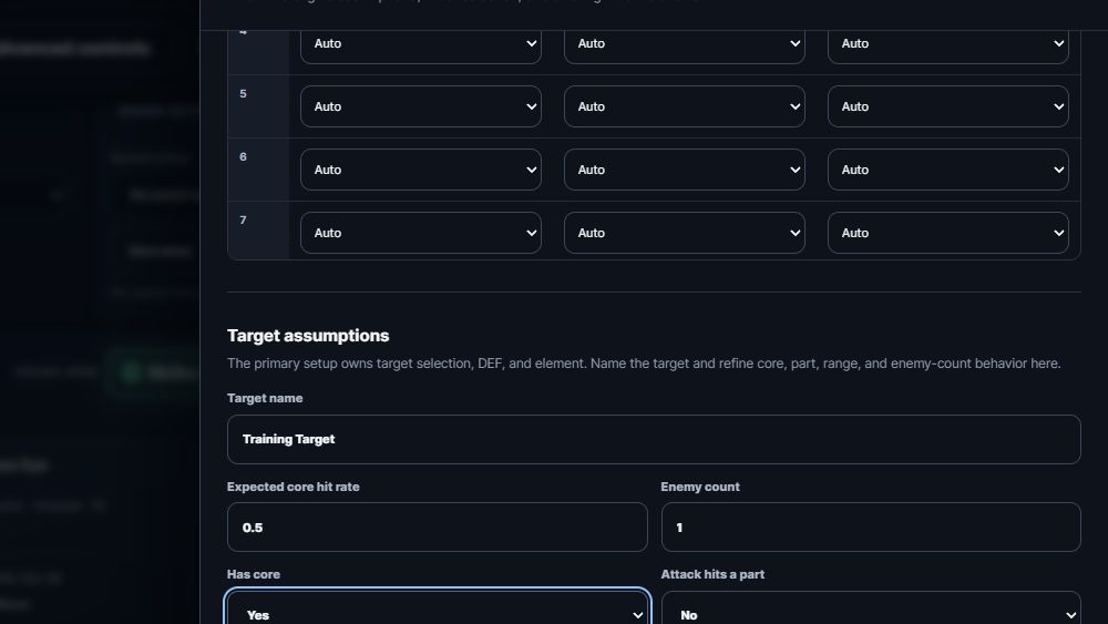 NIKKE Lab target controls showing battle duration, DEF preset, Target DEF, Target element, and the Active assumptions summary.