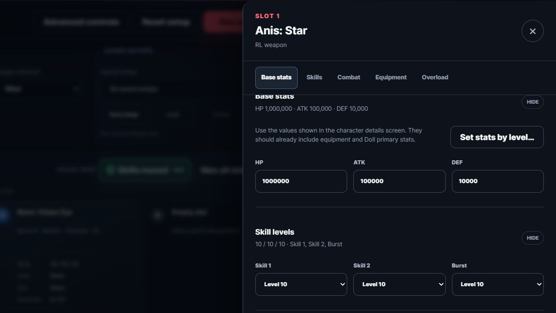 NIKKE Lab unit build controls for stats, skills, equipment effects, Overload gear, and combat assumptions.